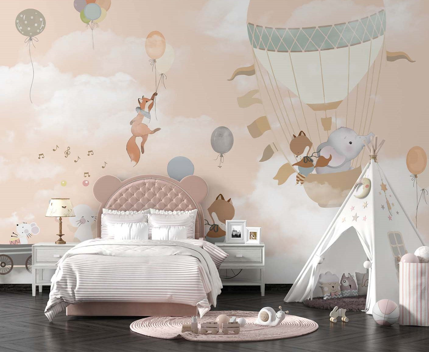 Tapet Personalizat Lumea Animalelor cu animale cantand printre nori pe un fundal crem - SINGING IN THE CLOUDS II