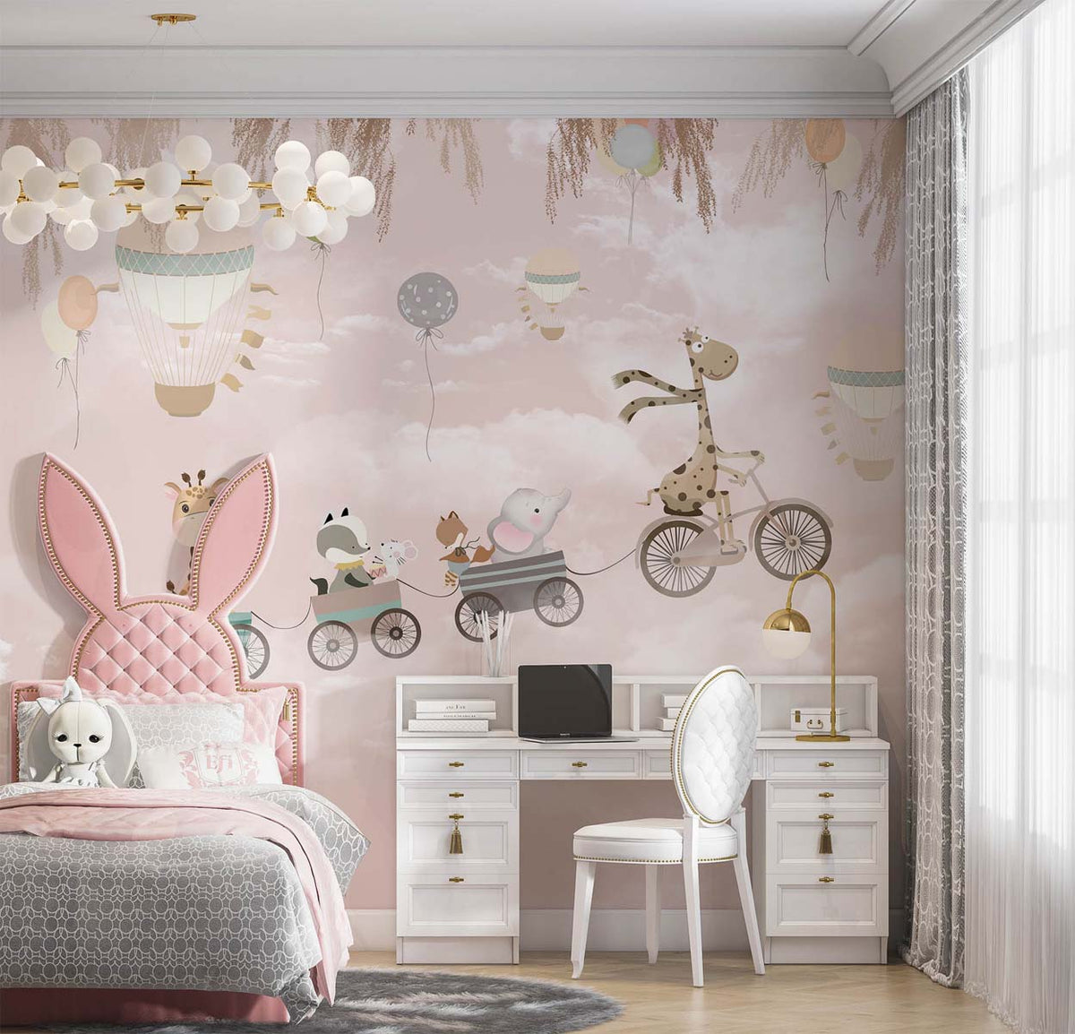 Tapet Personalizat Lumea Animalelor cu animale zburand in trenulet pe un cer rozaliu - HANGING FOX