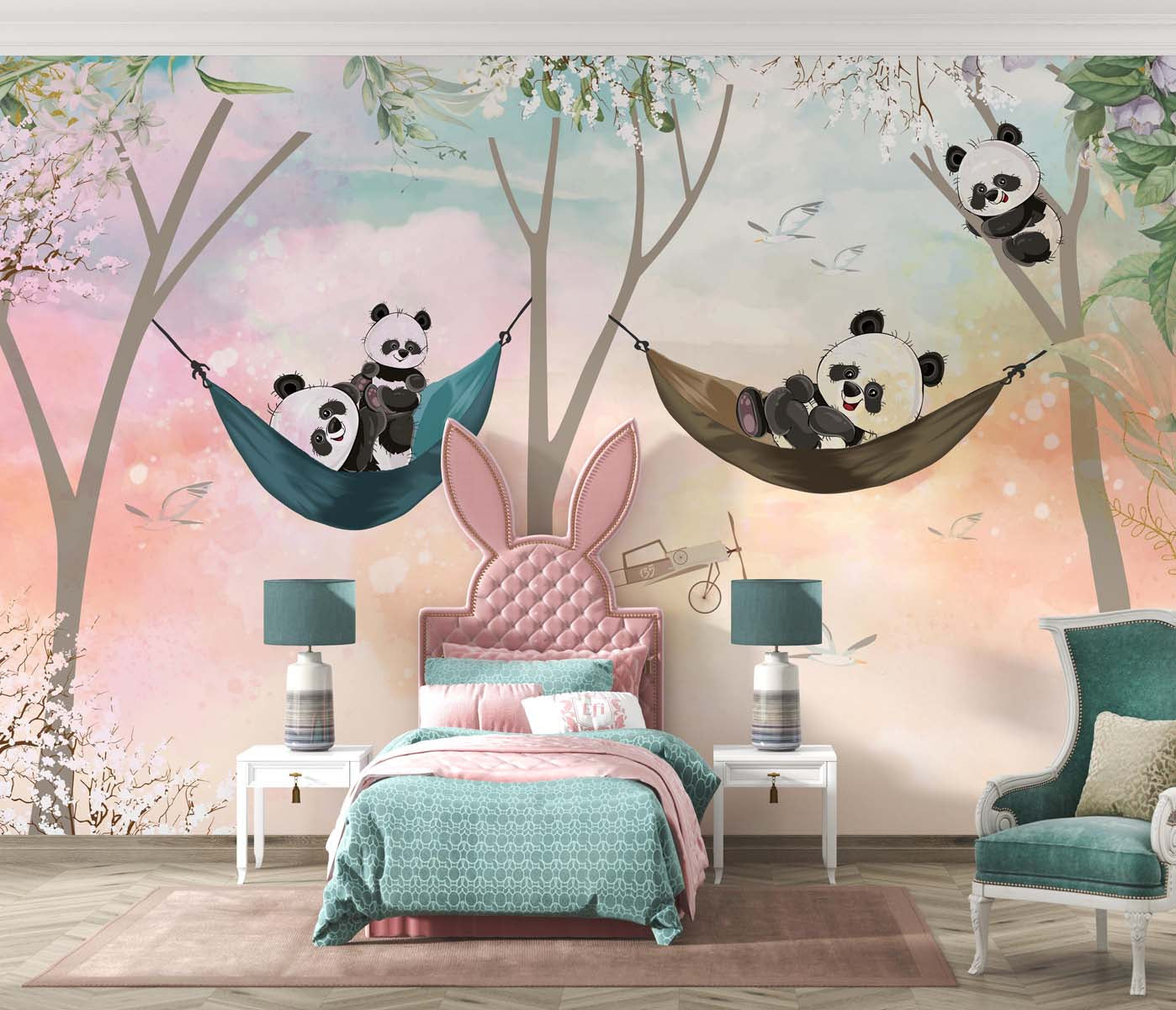 Tapet Personalizat Lumea Animalelor cu panda in hamace pe un fundal multicolor  - MULTICOLOR SKY