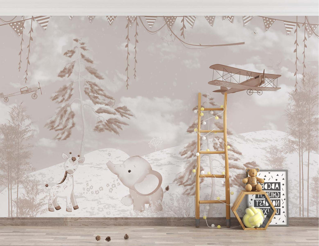 Tapet Personalizat Lumea Animalelor cu girafa si elefant in padure cu zapada in nuante sepia - SEPIA WINTER
