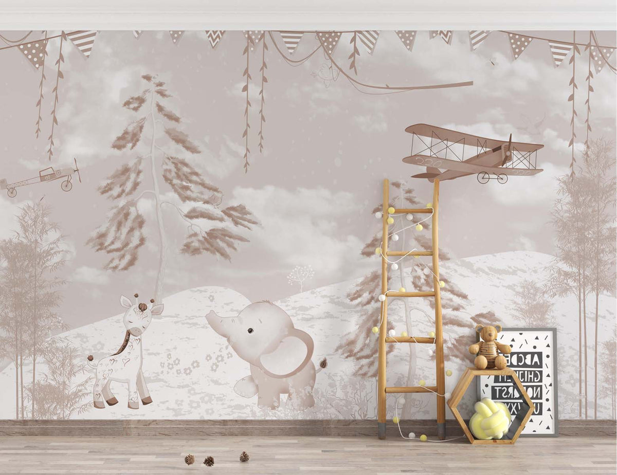 Tapet Personalizat Lumea Animalelor cu girafa si elefant in padure cu zapada in nuante sepia - SEPIA WINTER
