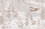 Tapet Personalizat Lumea Animalelor cu girafa si elefant in padure cu zapada in nuante sepia - SEPIA WINTER