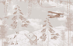 Tapet Personalizat Lumea Animalelor cu girafa si elefant in padure cu zapada in nuante sepia - SEPIA WINTER