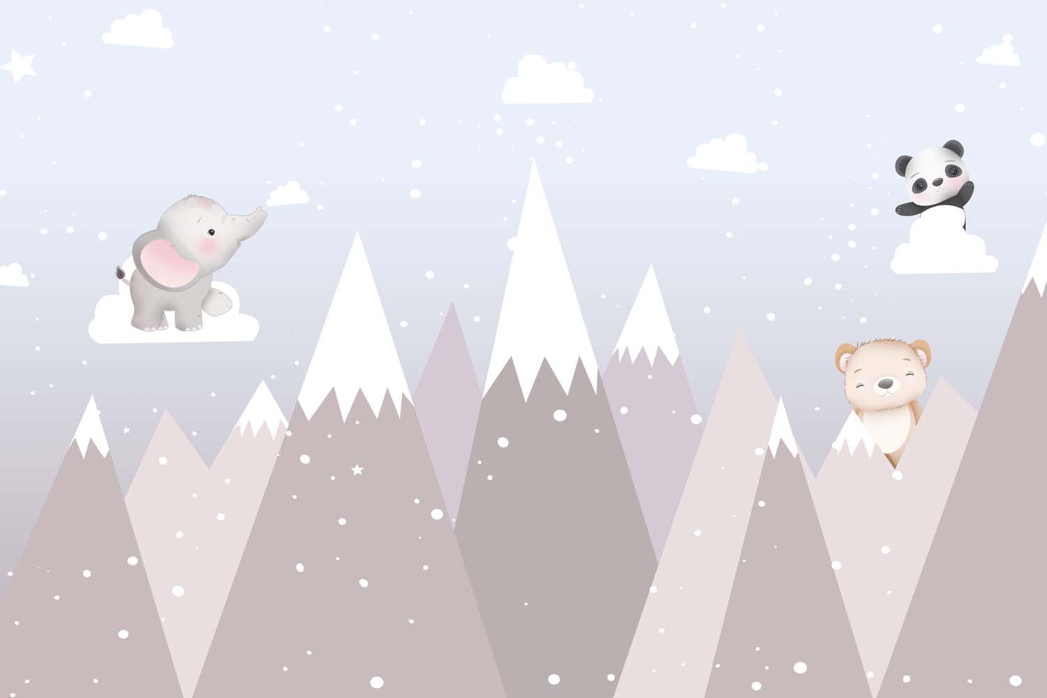 Tapet Personalizat Lumea Animalelor cu animalute printre muntii inalti inzapeziti  - PINK SNOWY PEAKS