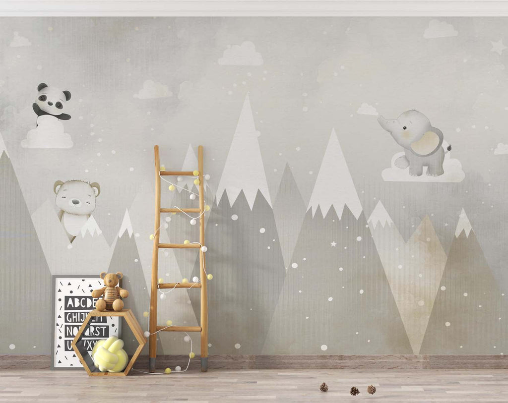 Tapet Personalizat Lumea Animalelor cu animalute printre muntii inalti inzapeziti in tonuri bej vintage  - VINTAGE SNOWY PEAKS