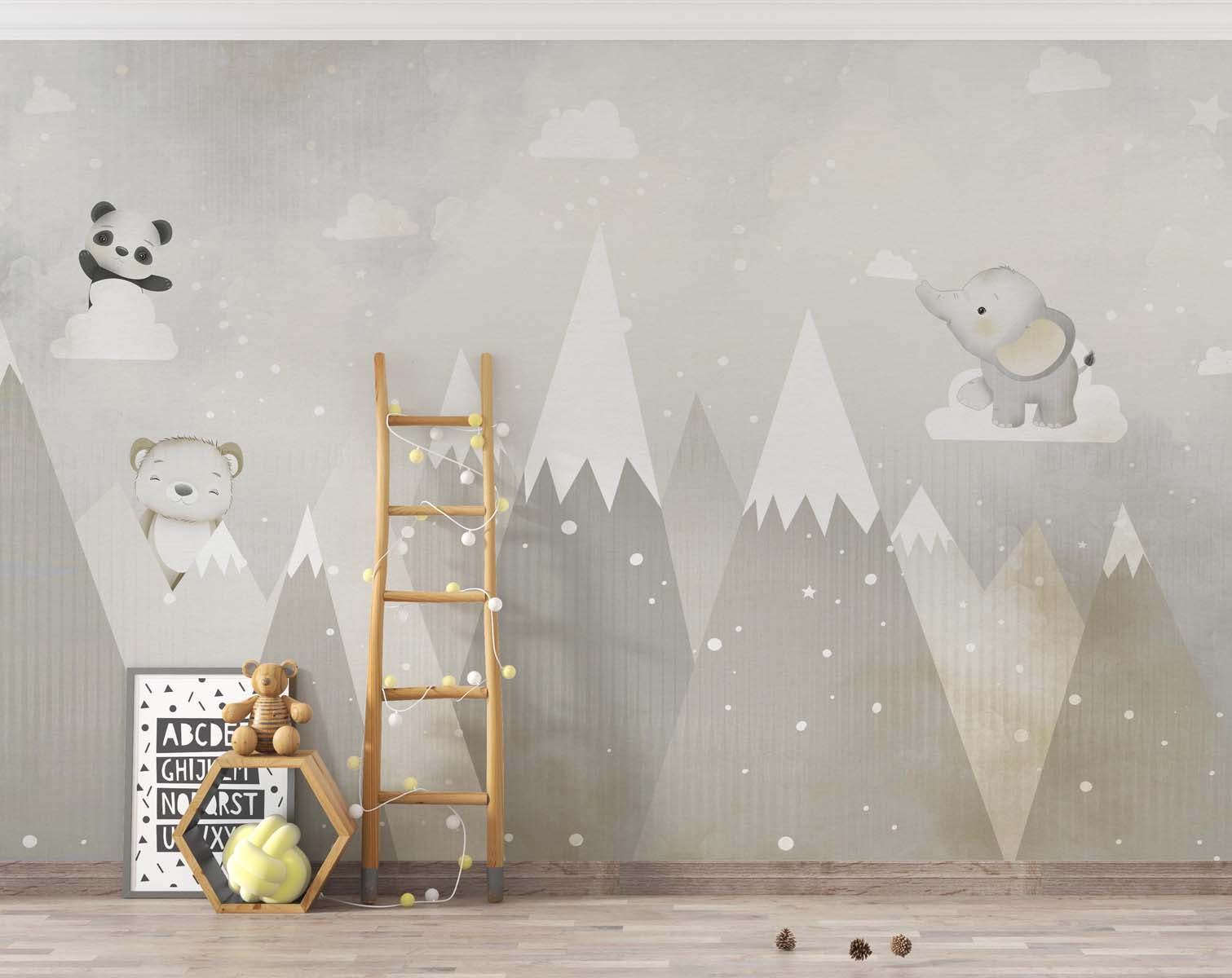 Tapet Personalizat Lumea Animalelor cu animalute printre muntii inalti inzapeziti in tonuri bej vintage  - VINTAGE SNOWY PEAKS