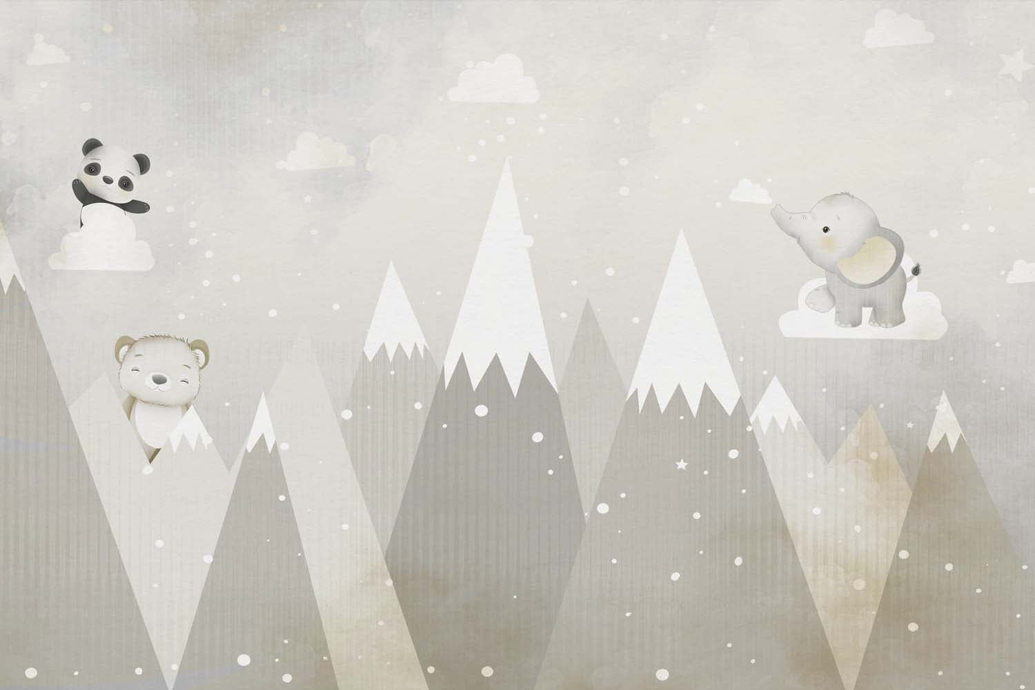 Tapet Personalizat Lumea Animalelor cu animalute printre muntii inalti inzapeziti in tonuri bej vintage  - VINTAGE SNOWY PEAKS