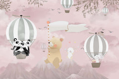 Tapet Personalizat Lumea Animalelor cu animalute exotice zburand peste muntii roz  - PINK MOUNTAIN TRAIL