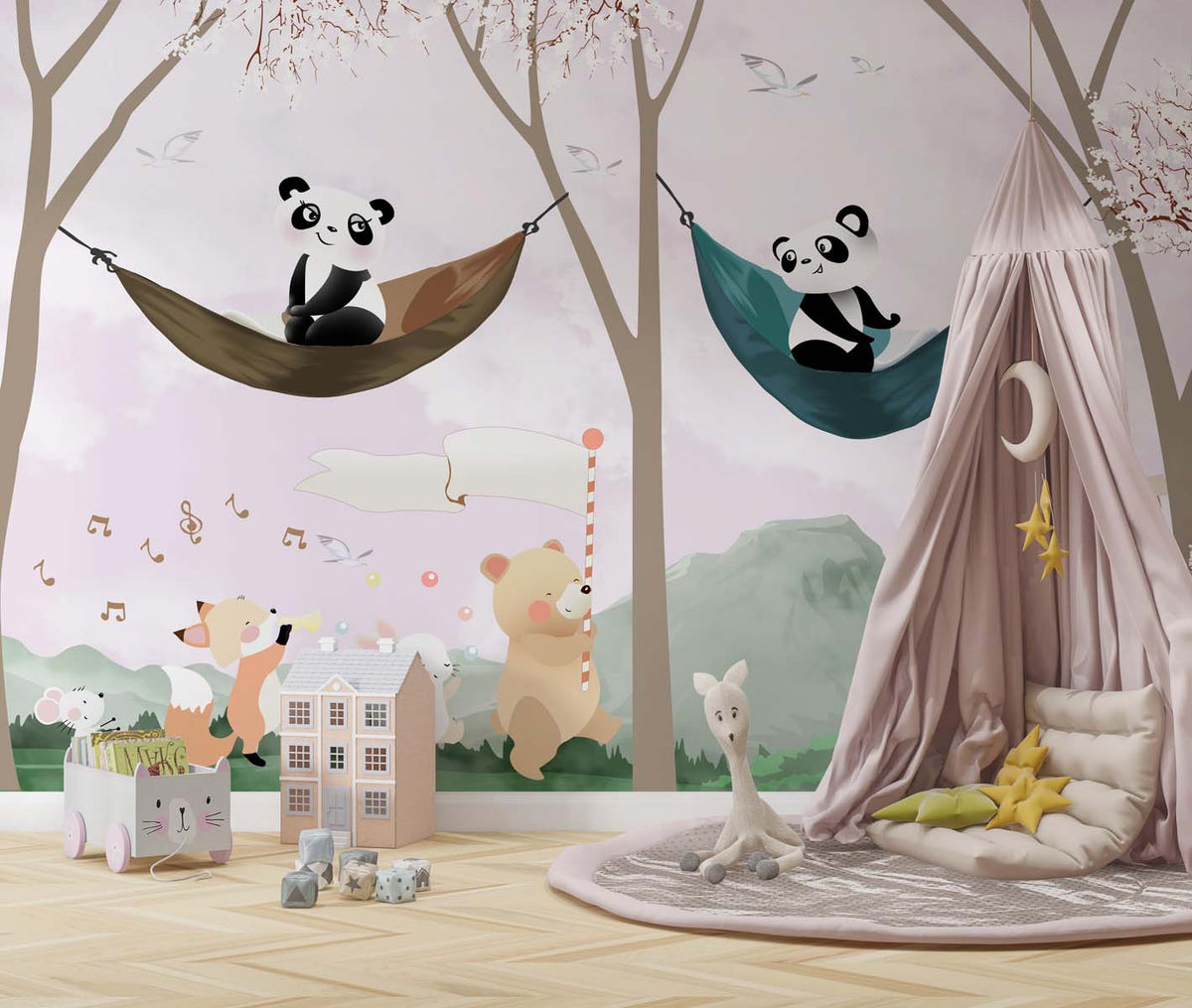 Tapet Personalizat Lumea Animalelor cu panda in hamace si animale cantand prin padure  - THE PANDA SONG