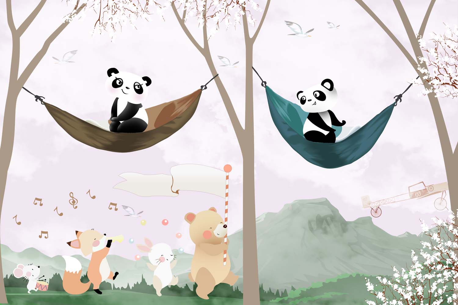 Tapet Personalizat Lumea Animalelor cu panda in hamace si animale cantand prin padure  - THE PANDA SONG
