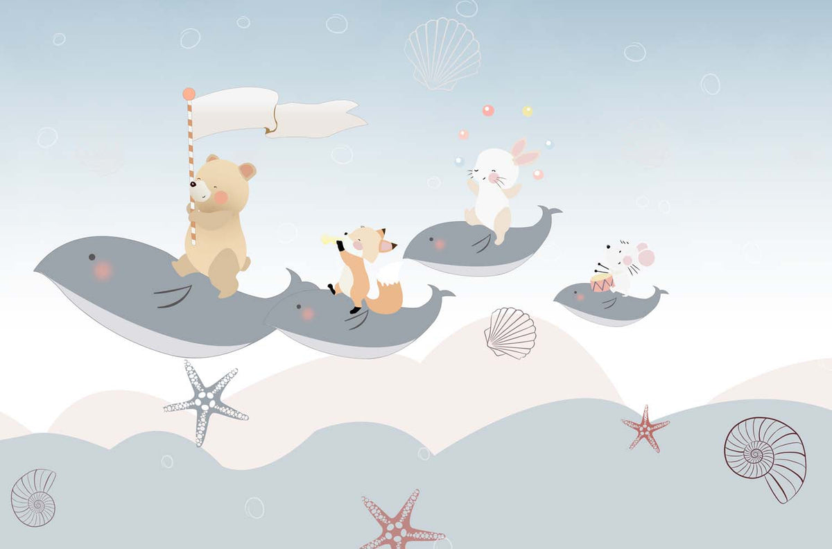 Tapet Personalizat Lumea Animalelor cu animalute zburand pe balene peste valurile marii  - SWIMG SONG