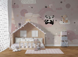 Tapet Personalizat Lumea Animalelor cu animalute pe cerul instelat roz - ROMANTIC MOON