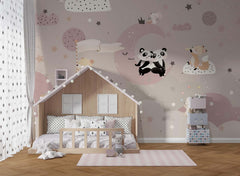 Tapet Personalizat Lumea Animalelor cu animalute pe cerul instelat roz - ROMANTIC MOON