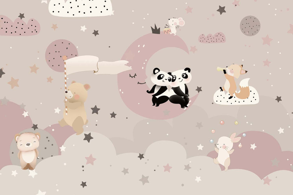 Tapet Personalizat Lumea Animalelor cu animalute pe cerul instelat roz - ROMANTIC MOON