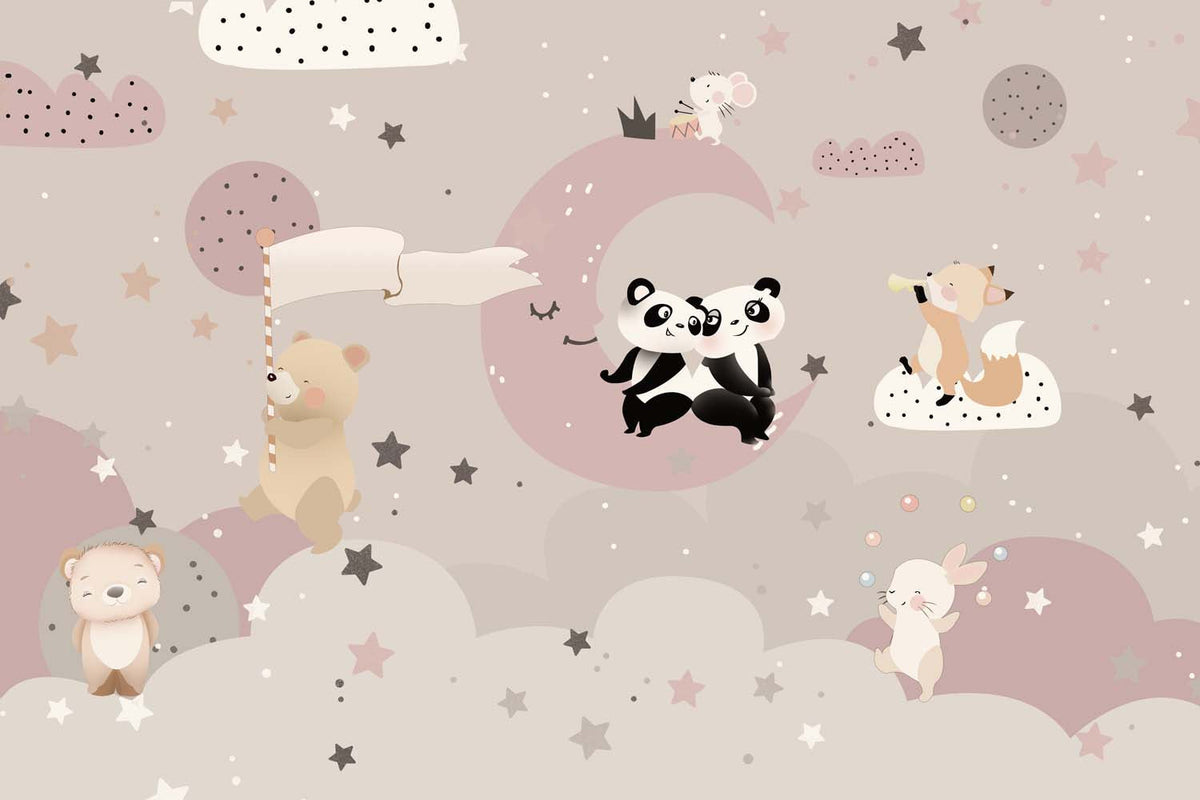 Tapet Personalizat Lumea Animalelor cu animalute pe cerul instelat roz - ROMANTIC MOON