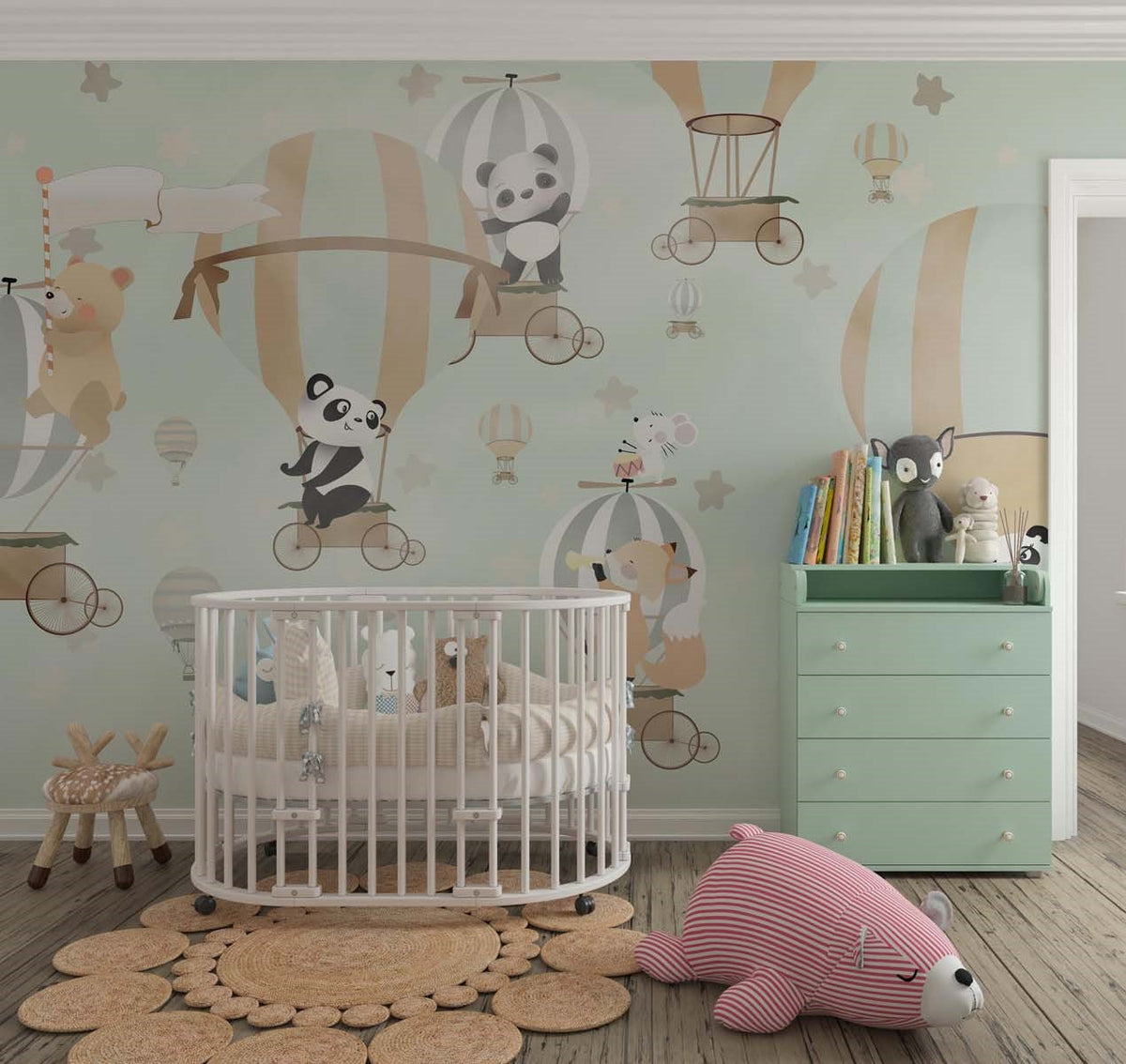 Tapet Personalizat Lumea Animalelor cu animalute in baloane cu aer cald pe cerul verde - MINTY BALLOONS