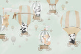 Tapet Personalizat Lumea Animalelor cu animalute in baloane cu aer cald pe cerul verde - MINTY BALLOONS