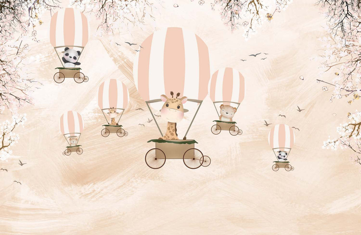 Tapet Personalizat Lumea Animalelor cu animalute in baloane cu aer cald pe un fundal texturat crem - BEIGE PLASTER SKY BALLOONS