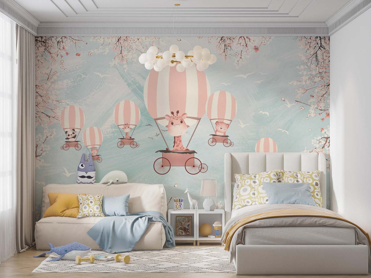 Tapet Personalizat Lumea Animalelor cu animalute in baloane cu aer cald pe un fundal texturat albastru - BLUE PLASTER SKY BALLOONS