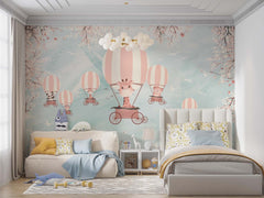 Tapet Personalizat Lumea Animalelor cu animalute in baloane cu aer cald pe un fundal texturat albastru - BLUE PLASTER SKY BALLOONS