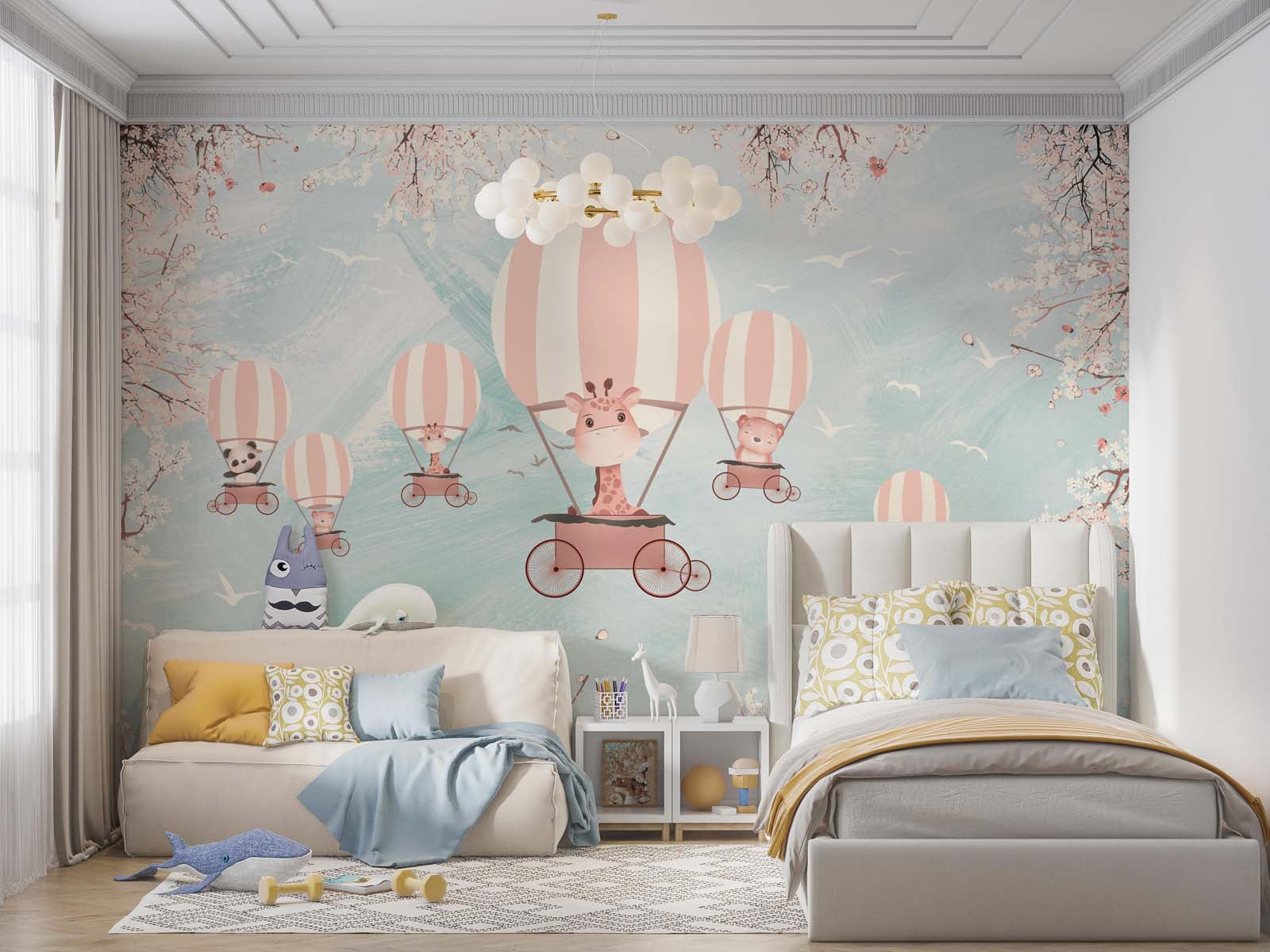 Tapet Personalizat Lumea Animalelor cu animalute in baloane cu aer cald pe un fundal texturat albastru - BLUE PLASTER SKY BALLOONS