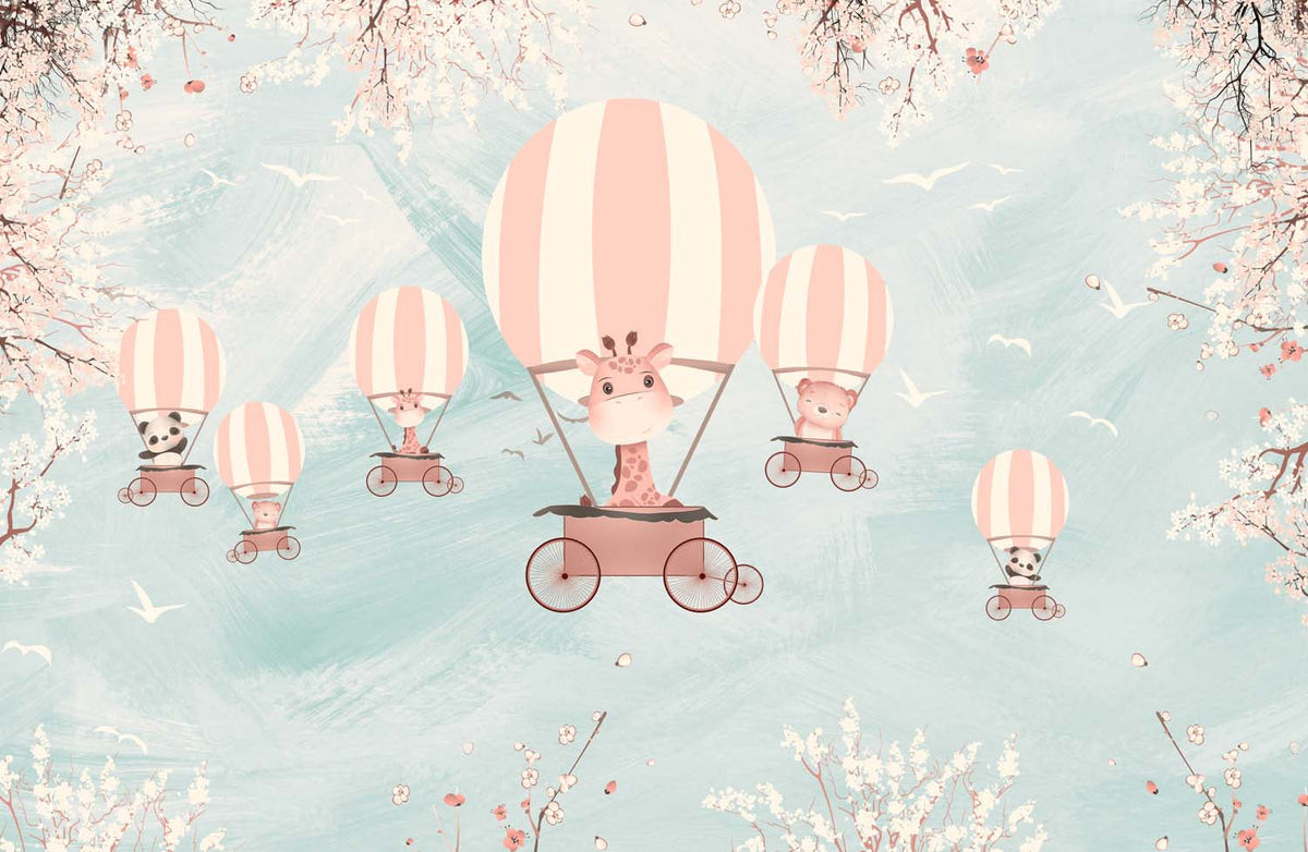 Tapet Personalizat Lumea Animalelor cu animalute in baloane cu aer cald pe un fundal texturat albastru - BLUE PLASTER SKY BALLOONS
