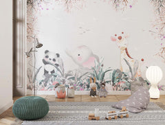 Tapet Personalizat Lumea Animalelor cu animale printre vegetatia inflorita colorata din jungla - SLEEPY GIRAFFE