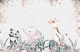 Tapet Personalizat Lumea Animalelor cu animale printre vegetatia inflorita colorata din jungla - SLEEPY GIRAFFE