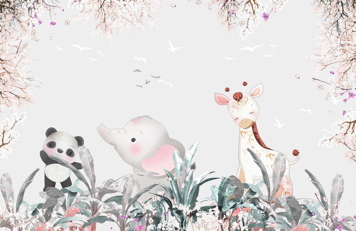 Tapet Personalizat Lumea Animalelor cu animale printre vegetatia inflorita colorata din jungla - SLEEPY GIRAFFE