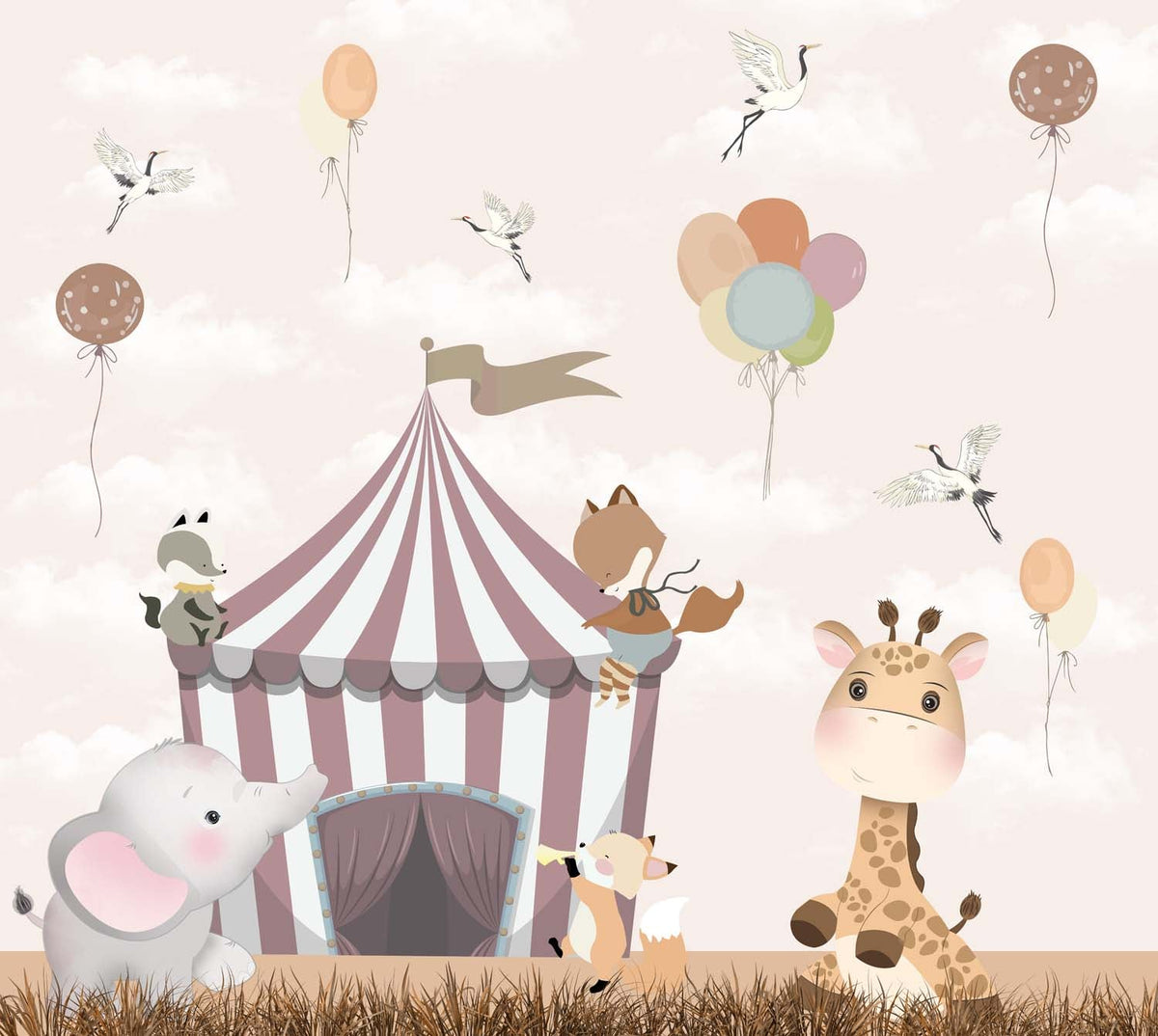 Tapet Personalizat Lumea Animalelor cu carnavalul animalutelor si baloane colorate - EARTHY CARNIVAL