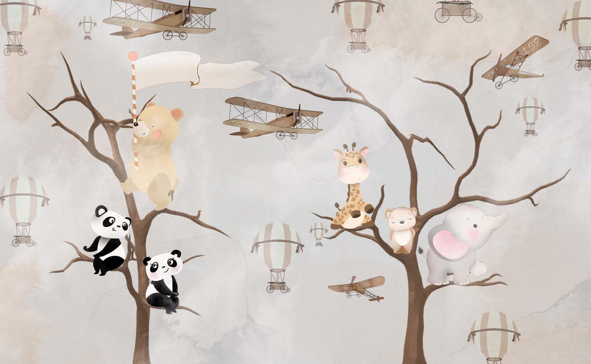 Tapet Personalizat Lumea Animalelor cu animale catarate in copaci inalti si avioane  - CLIMBING TREES