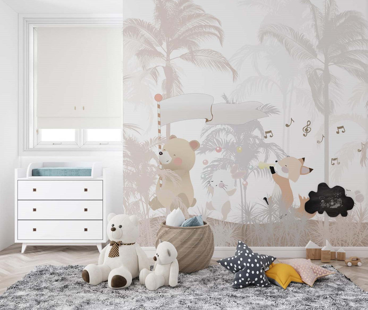 Tapet Personalizat Lumea Animalelor cu animale cantand printre palmierii bej  - BEIGE PALMS LYRICS