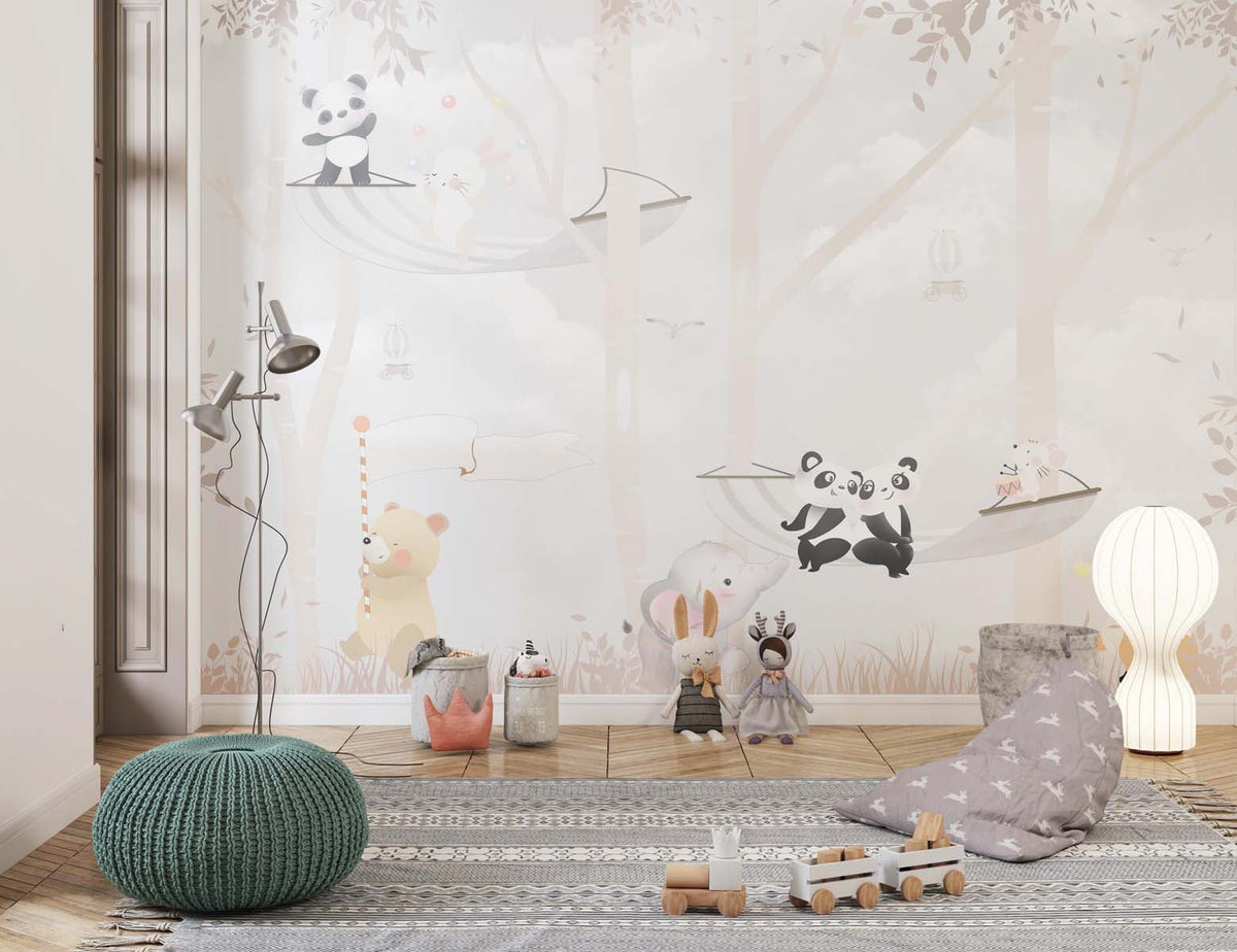 Tapet Personalizat Lumea Animalelor cu animalute in hamac prin padurea cu copaci si fundal gri  - GREY JOY