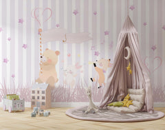 Tapet Personalizat Lumea Animalelor cu animalute cantand pe fundal in dugi si stelute roz  - STARRY PINK STRIPES