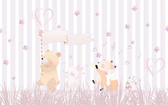 Tapet Personalizat Lumea Animalelor cu animalute cantand pe fundal in dugi si stelute roz  - STARRY PINK STRIPES
