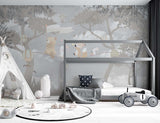 Tapet Personalizat Lumea Animalelor cu animale pe franghie prin padurea gri  - WARM GREY FOREST