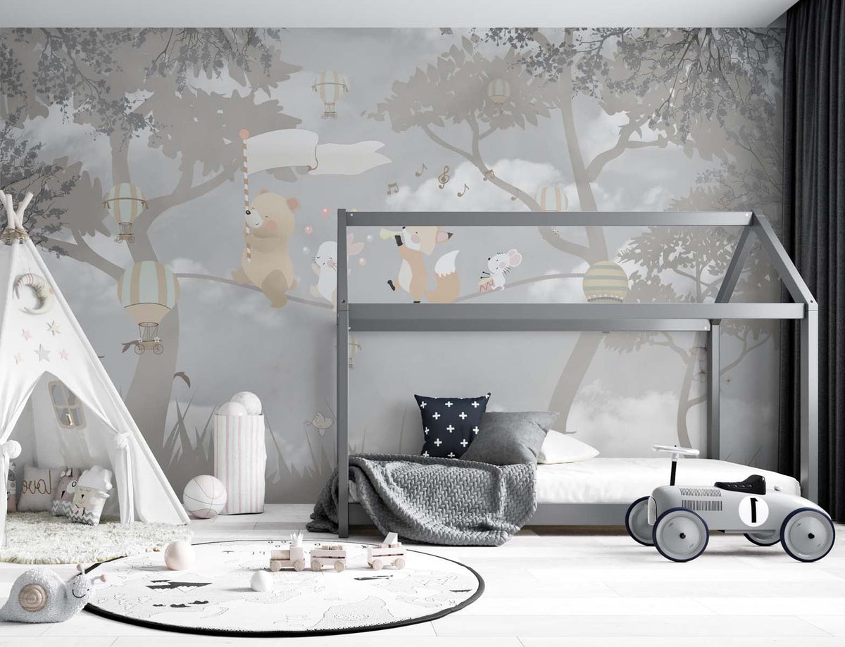 Tapet Personalizat Lumea Animalelor cu animale pe franghie prin padurea gri  - WARM GREY FOREST