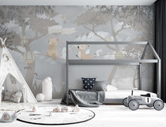 Tapet Personalizat Lumea Animalelor cu animale pe franghie prin padurea gri  - WARM GREY FOREST