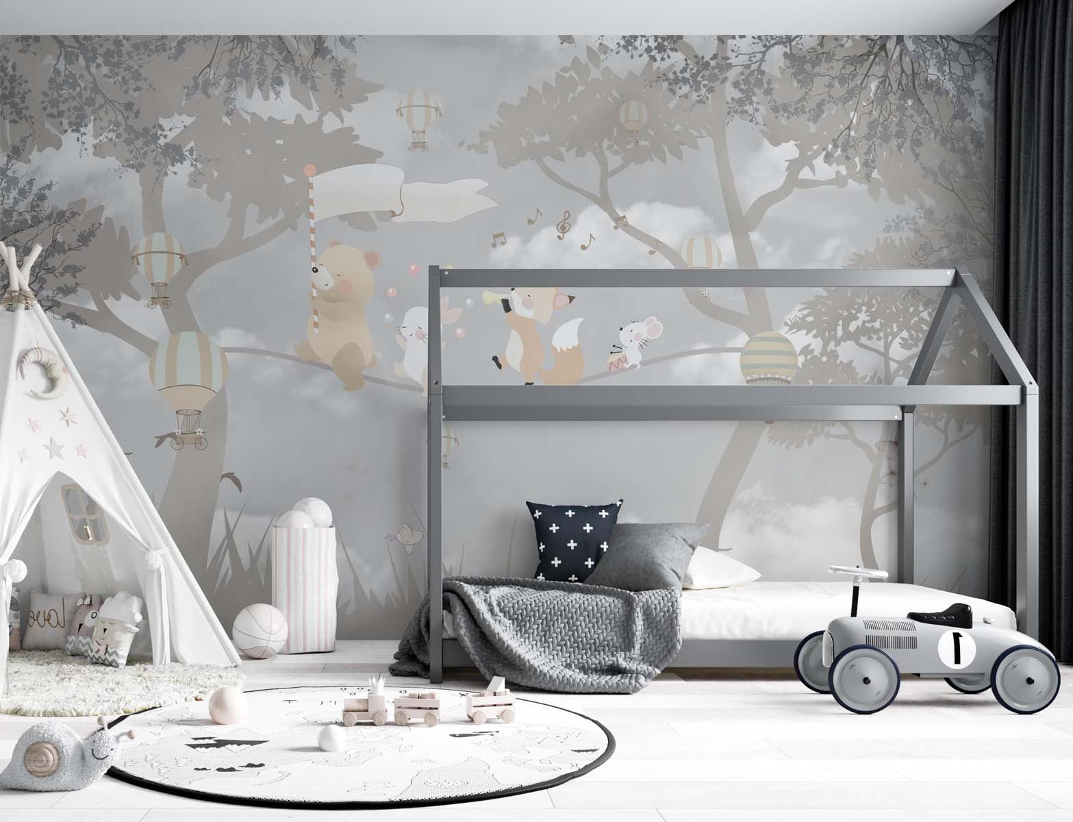 Tapet Personalizat Lumea Animalelor cu animale pe franghie prin padurea gri  - WARM GREY FOREST