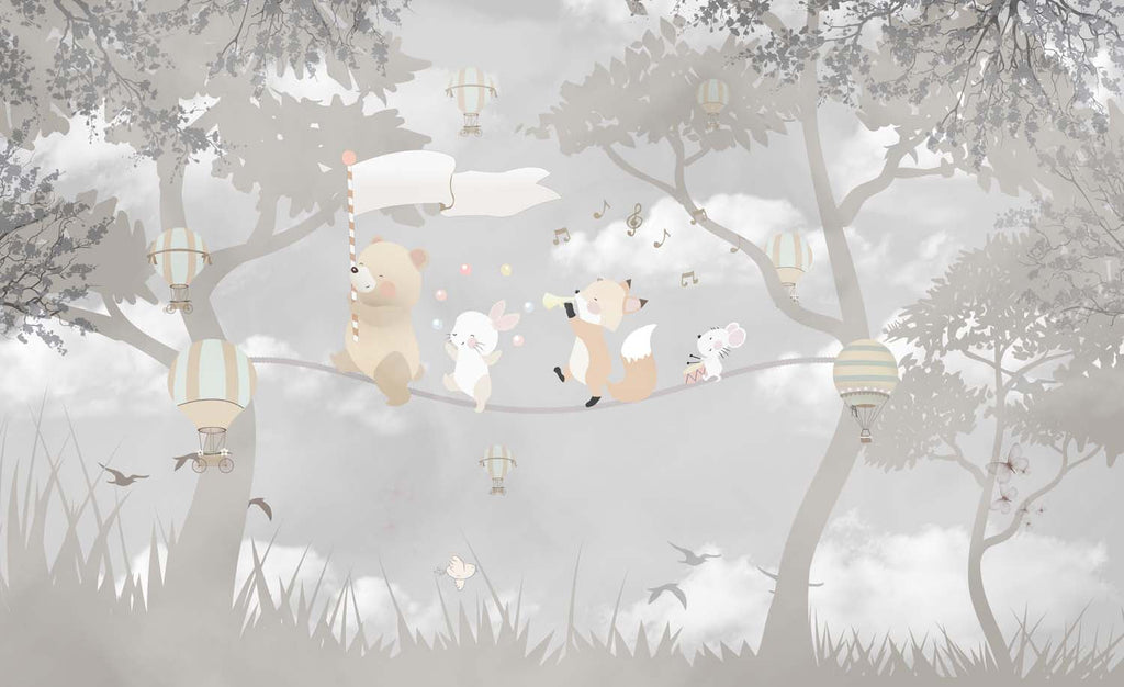 Tapet Personalizat Lumea Animalelor cu animale pe franghie prin padurea gri  - WARM GREY FOREST