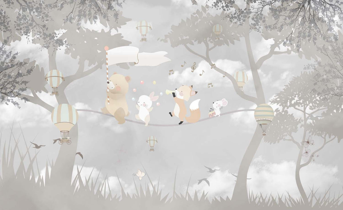 Tapet Personalizat Lumea Animalelor cu animale pe franghie prin padurea gri  - WARM GREY FOREST