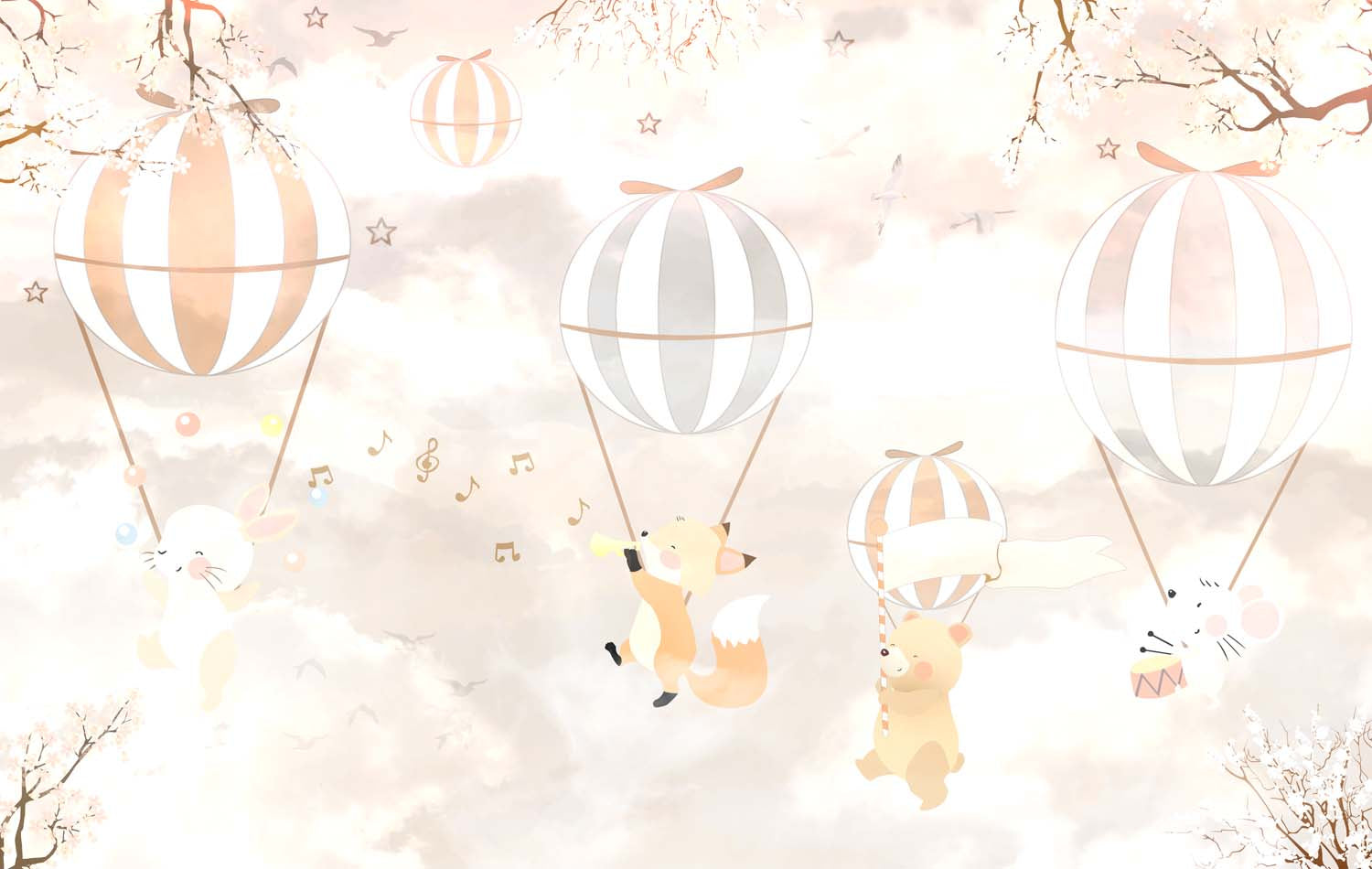 Tapet Personalizat Lumea Animalelor cu animale cantand in baloane cu aer cald  - BLISSFULLY SINGING