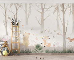 Tapet Personalizat Lumea Animalelor cu animale cantand prin padurea cu copaci  - HAPPY FOREST