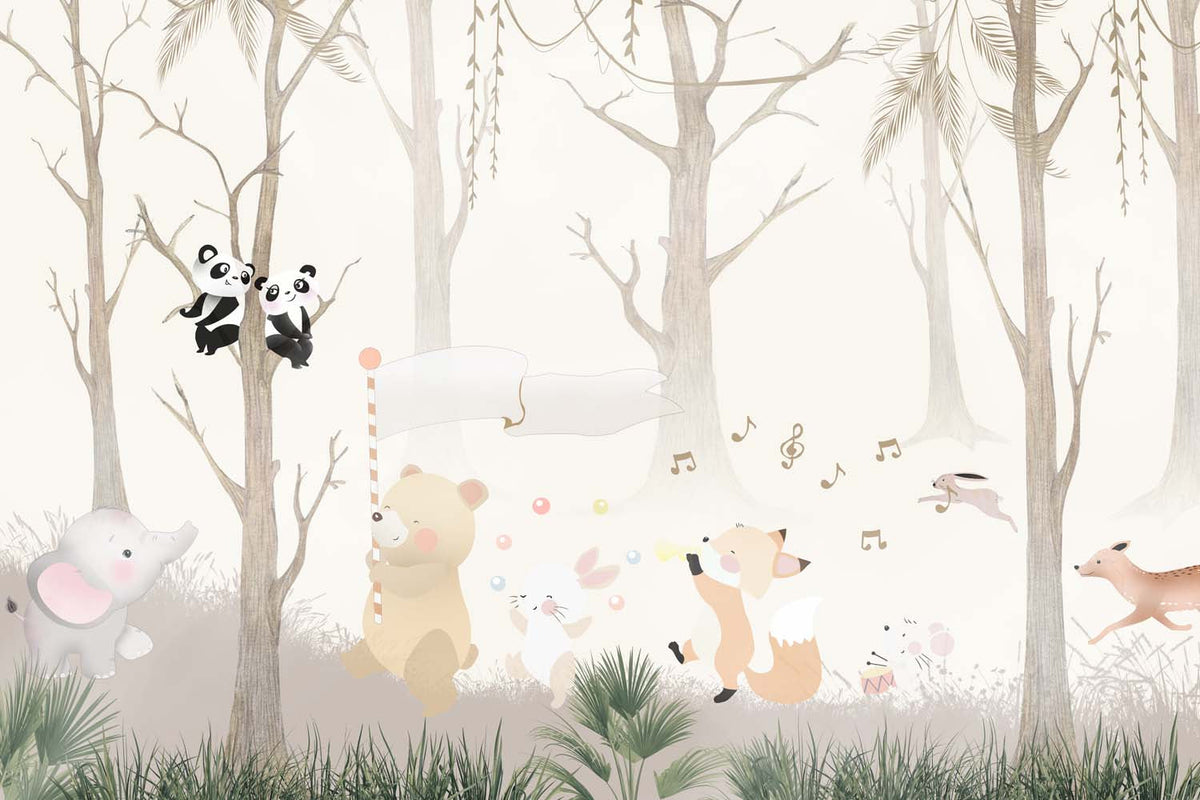 Tapet Personalizat Lumea Animalelor cu animale cantand prin padurea cu copaci  - HAPPY FOREST