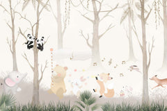 Tapet Personalizat Lumea Animalelor cu animale cantand prin padurea cu copaci  - HAPPY FOREST