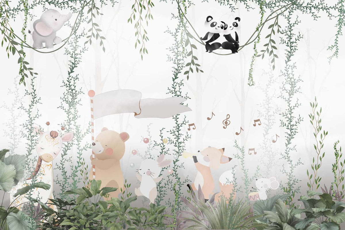 Tapet Personalizat Lumea Animalelor cu animale cantand prin vegetatia din jungla  - HAPPY JUNGLE