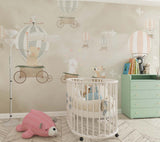 Tapet Personalizat Lumea Animalelor cu animale in baloane trenulet pe cerul bej  - BEIGE SKIES BALLOONS