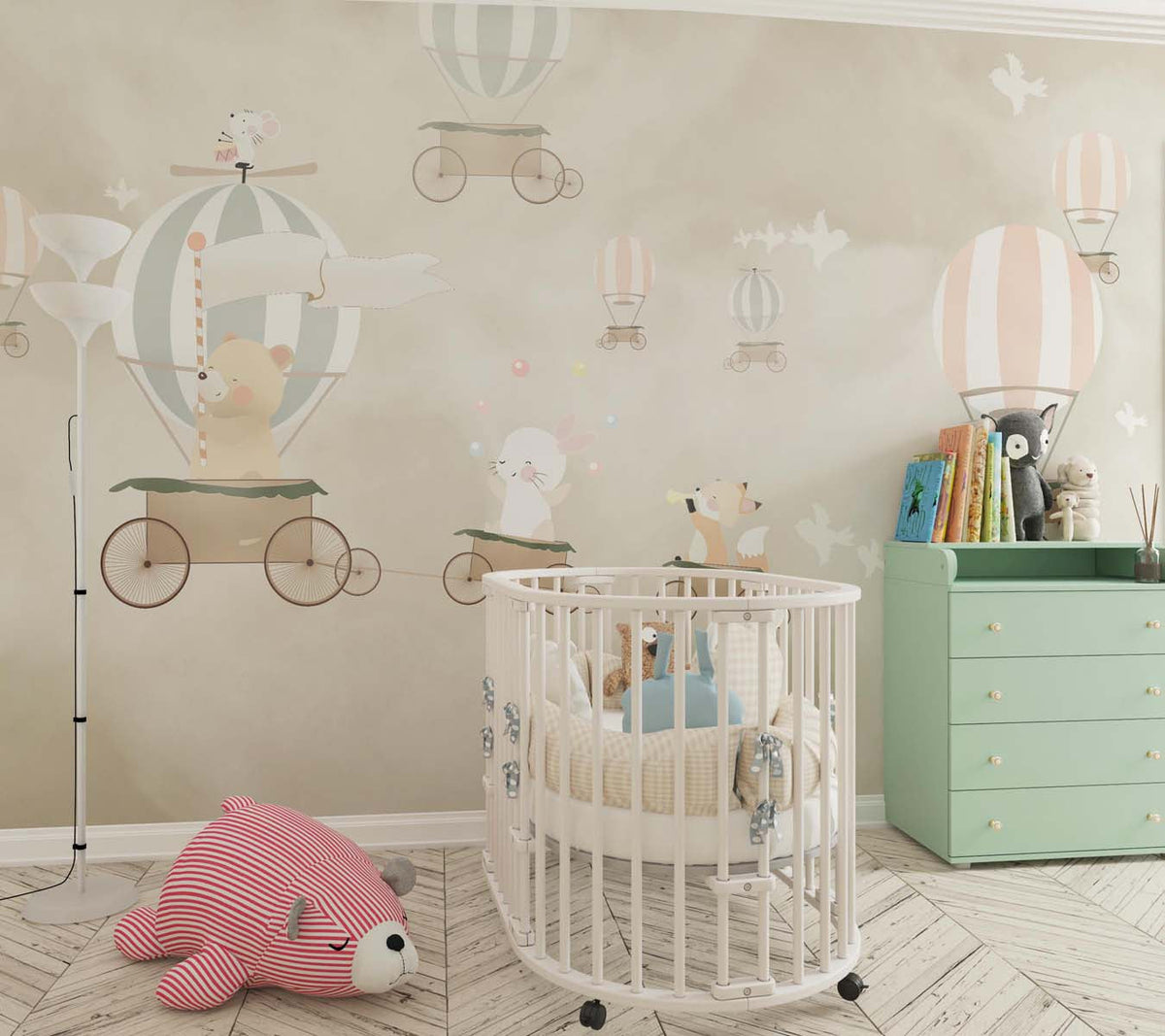 Tapet Personalizat Lumea Animalelor cu animale in baloane trenulet pe cerul bej  - BEIGE SKIES BALLOONS