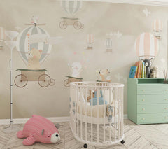 Tapet Personalizat Lumea Animalelor cu animale in baloane trenulet pe cerul bej  - BEIGE SKIES BALLOONS