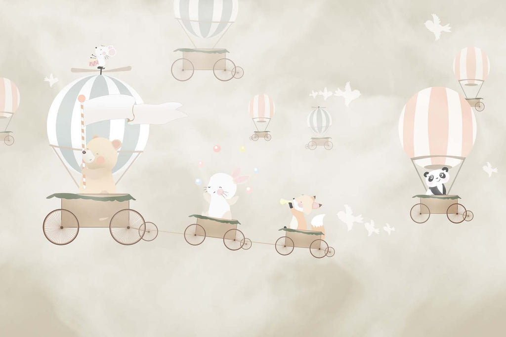Tapet Personalizat Lumea Animalelor cu animale in baloane trenulet pe cerul bej  - BEIGE SKIES BALLOONS
